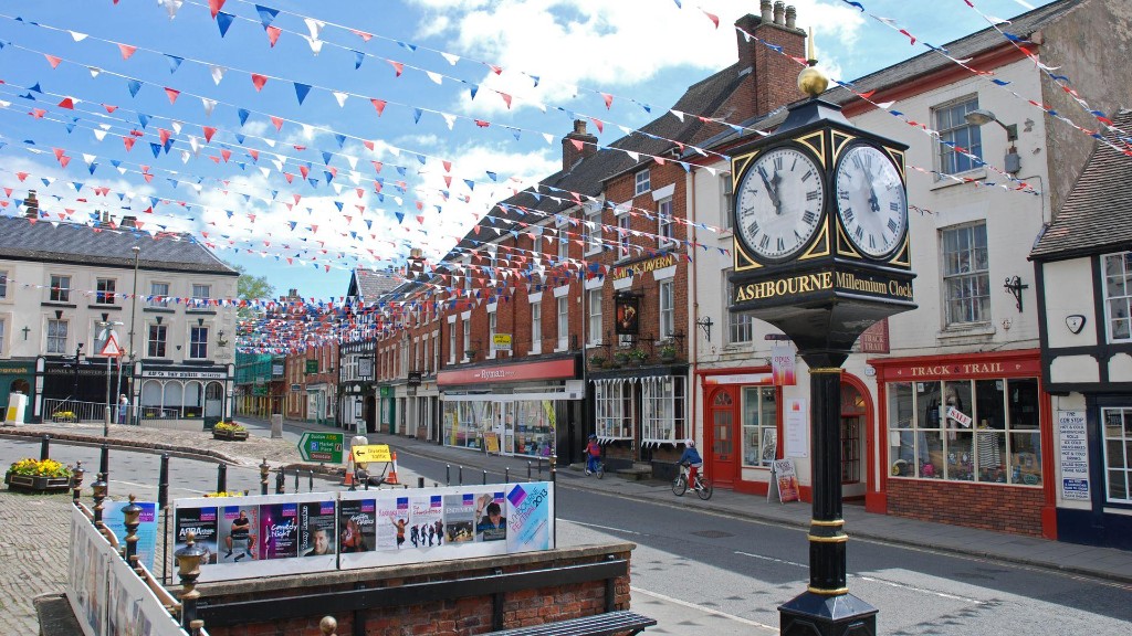 Ashbourne town centre with the Millennium Clock and bunting, Derbyshire